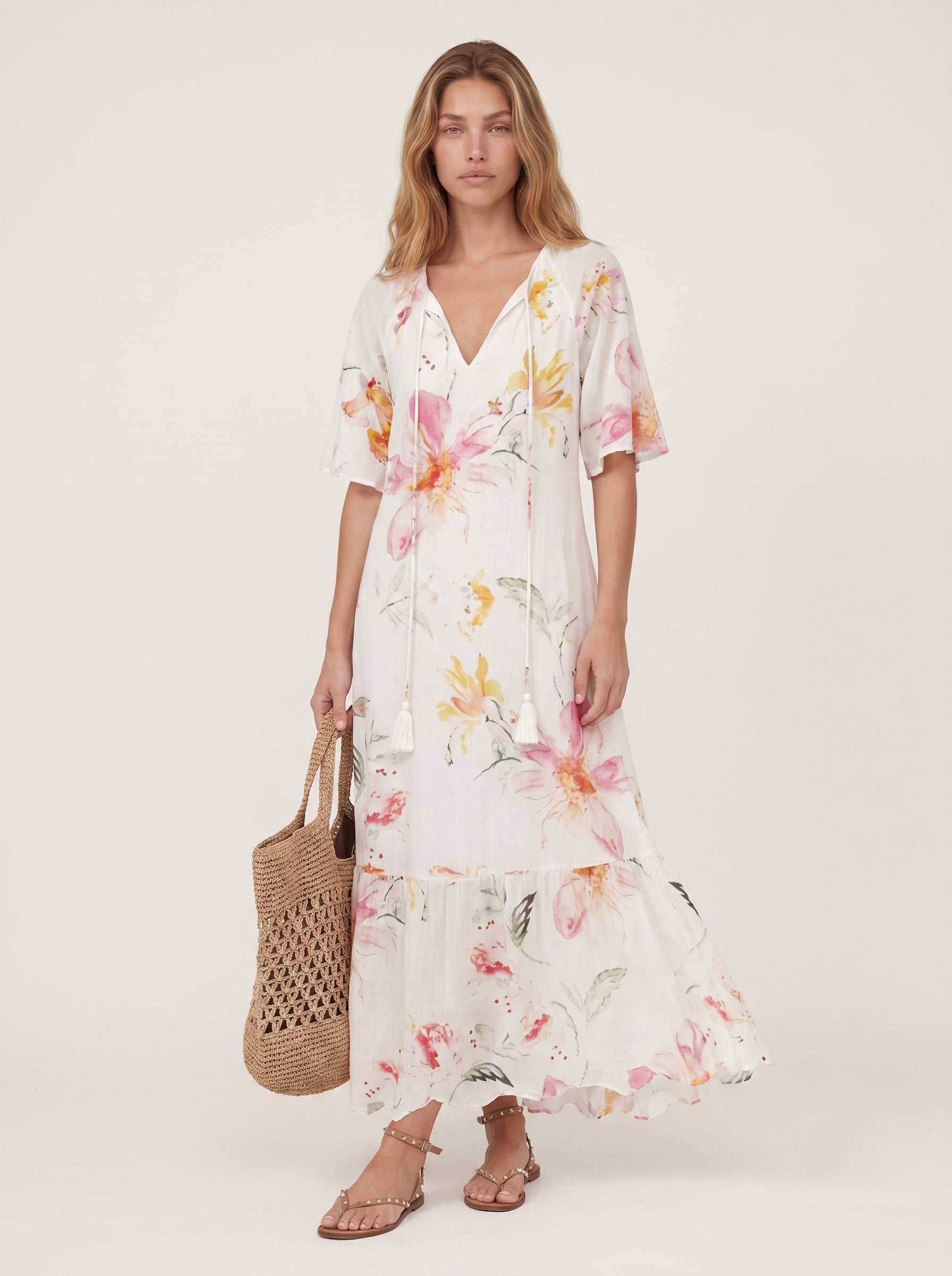 Iris | Breezy Boho Printed Flowy Maxi Dress with Tassel Tie Neck