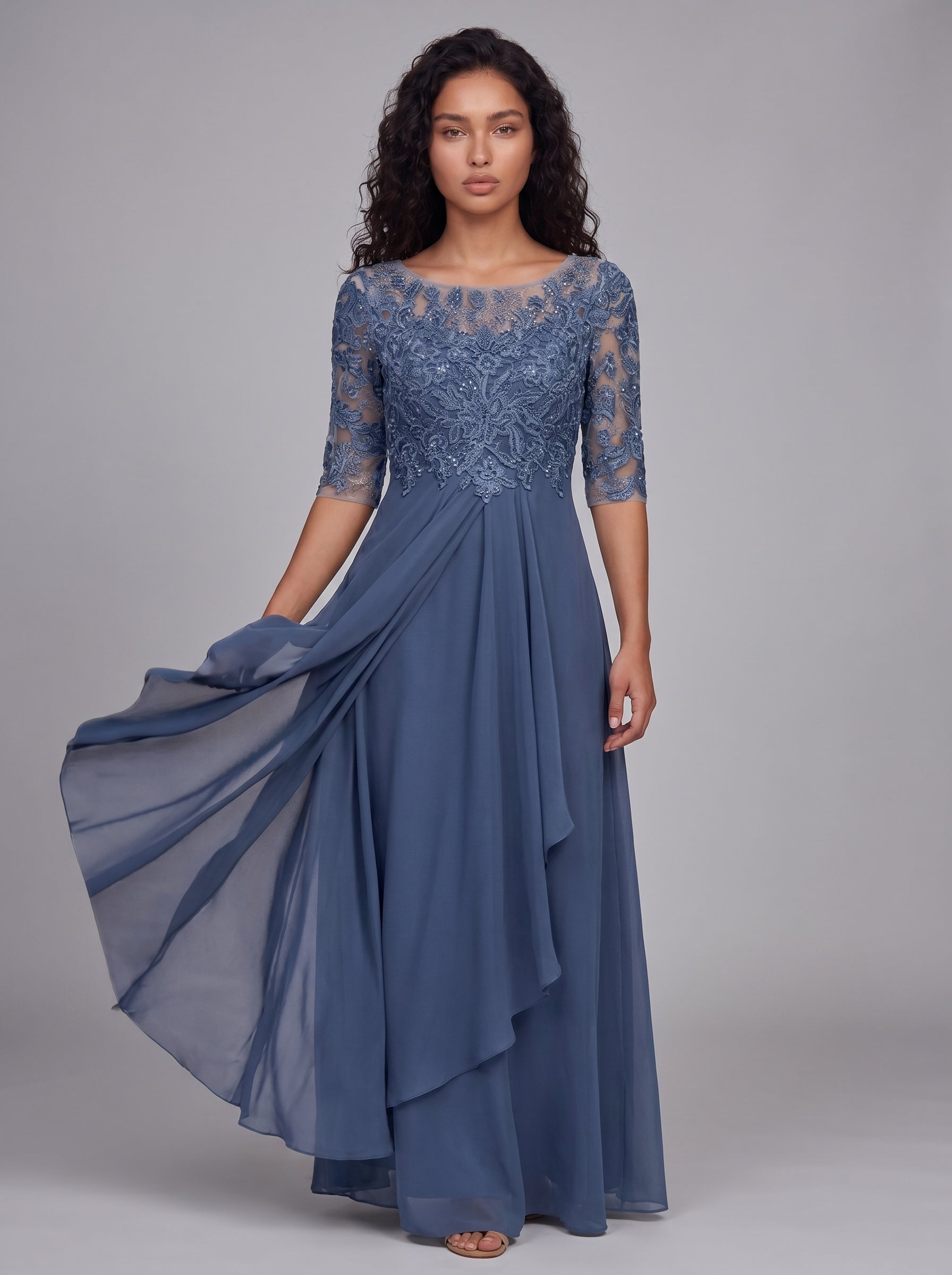 Vera | Elegant Lace A-Line Midi Dress with Floral Appliqué Bodice