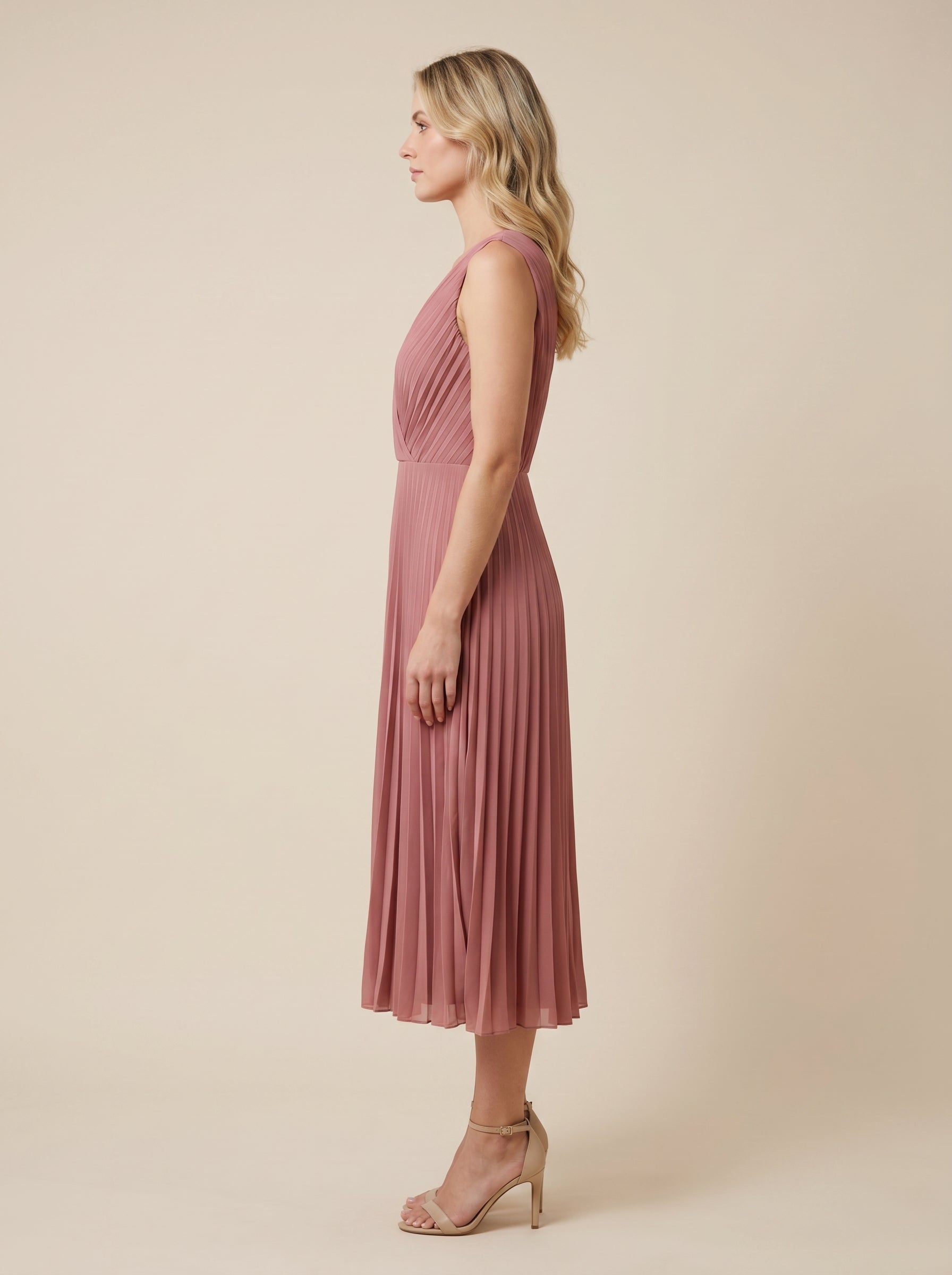 Elegant Pleated V Neck Midi Maxi Dress with Flowy Skirt