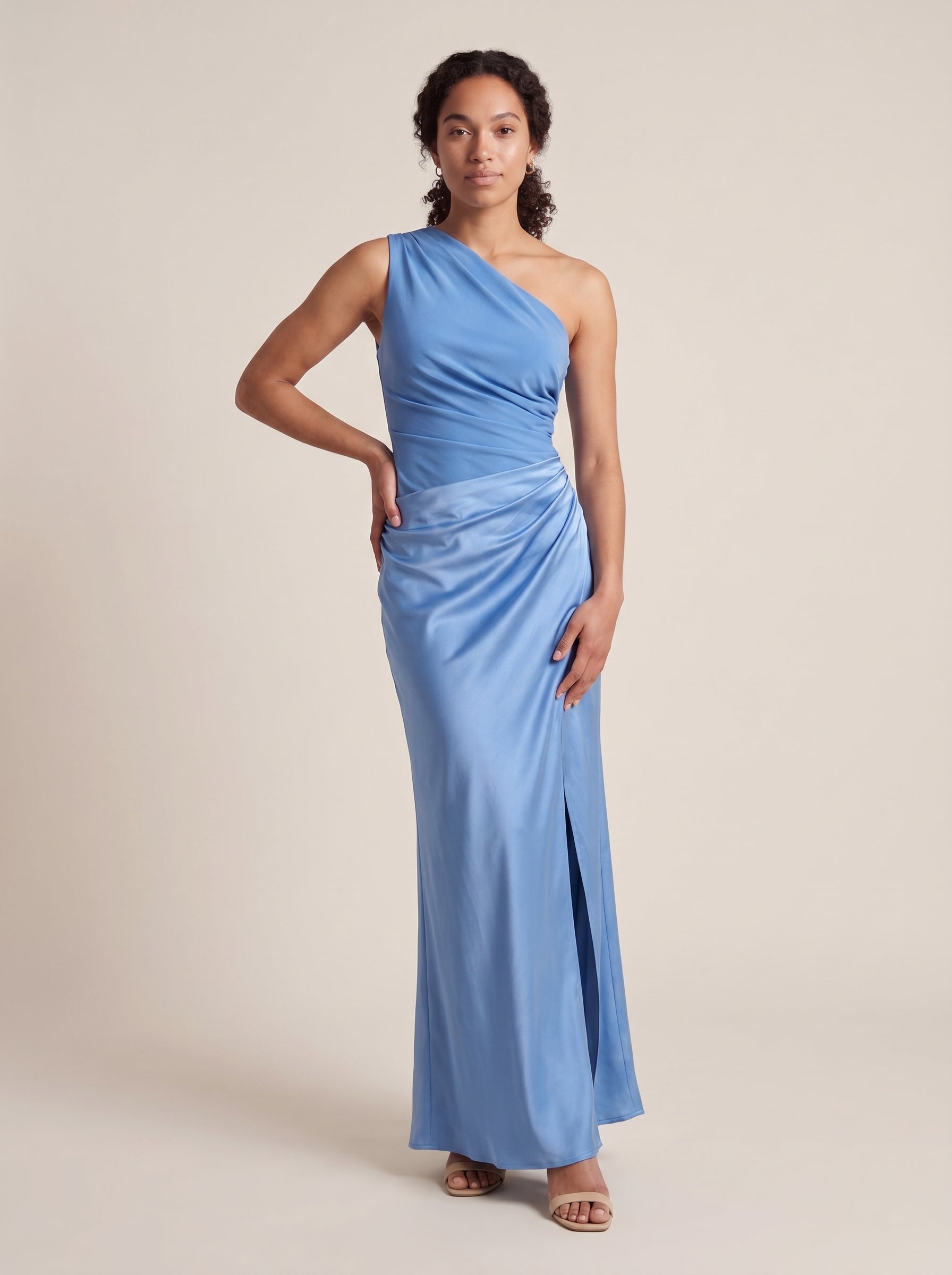 Women Satin Maxi Dress | One Shoulder Pleated Fitted Formal Gown in Chocolate Brown