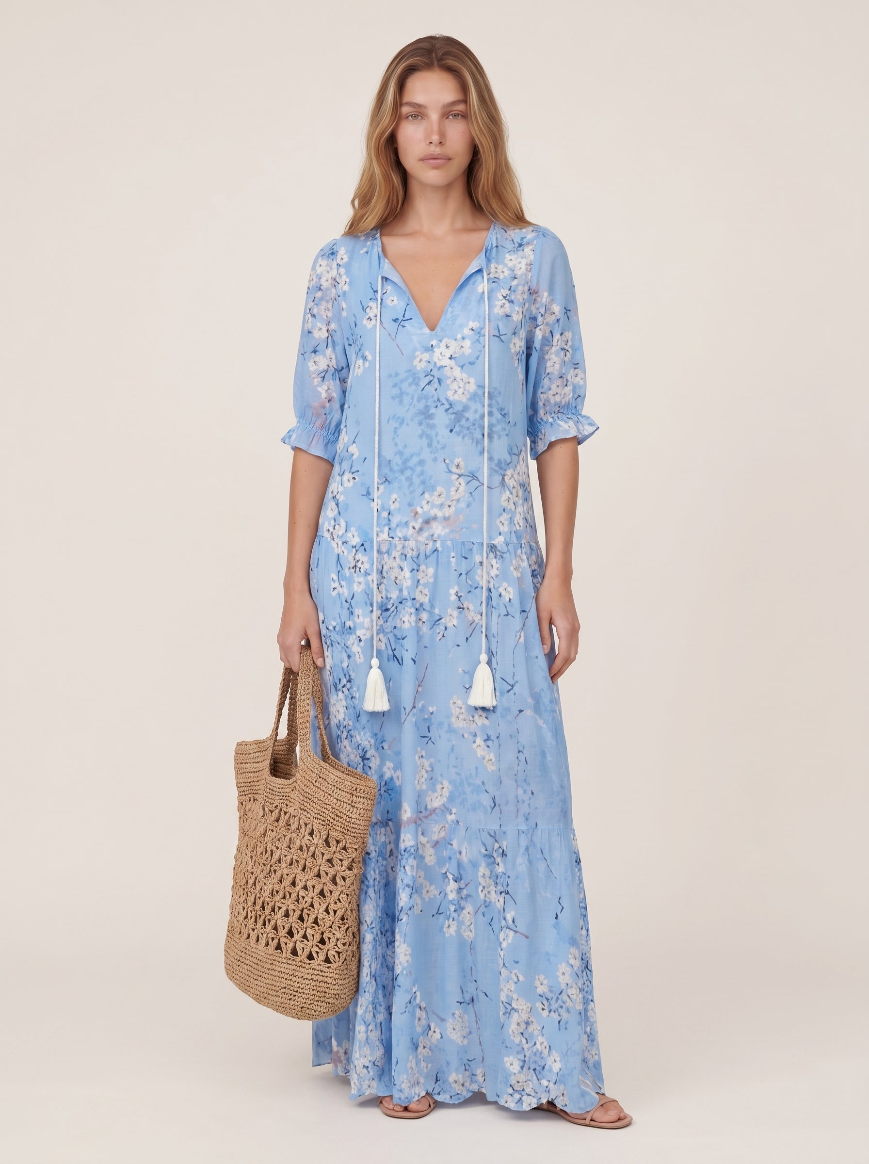 Iris | Breezy Boho Printed Flowy Maxi Dress with Tassel Tie Neck
