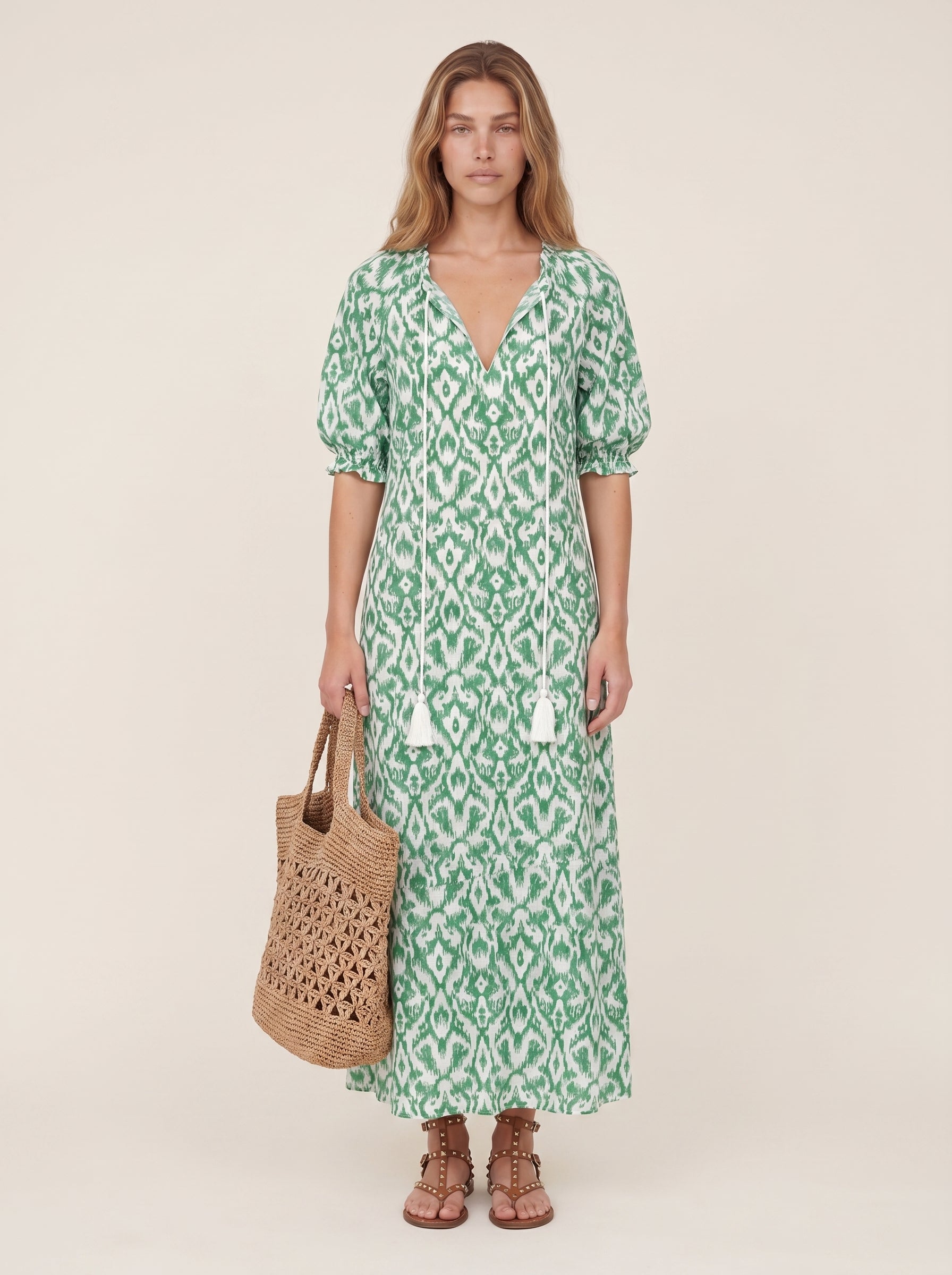 Iris | Breezy Boho Printed Flowy Maxi Dress with Tassel Tie Neck