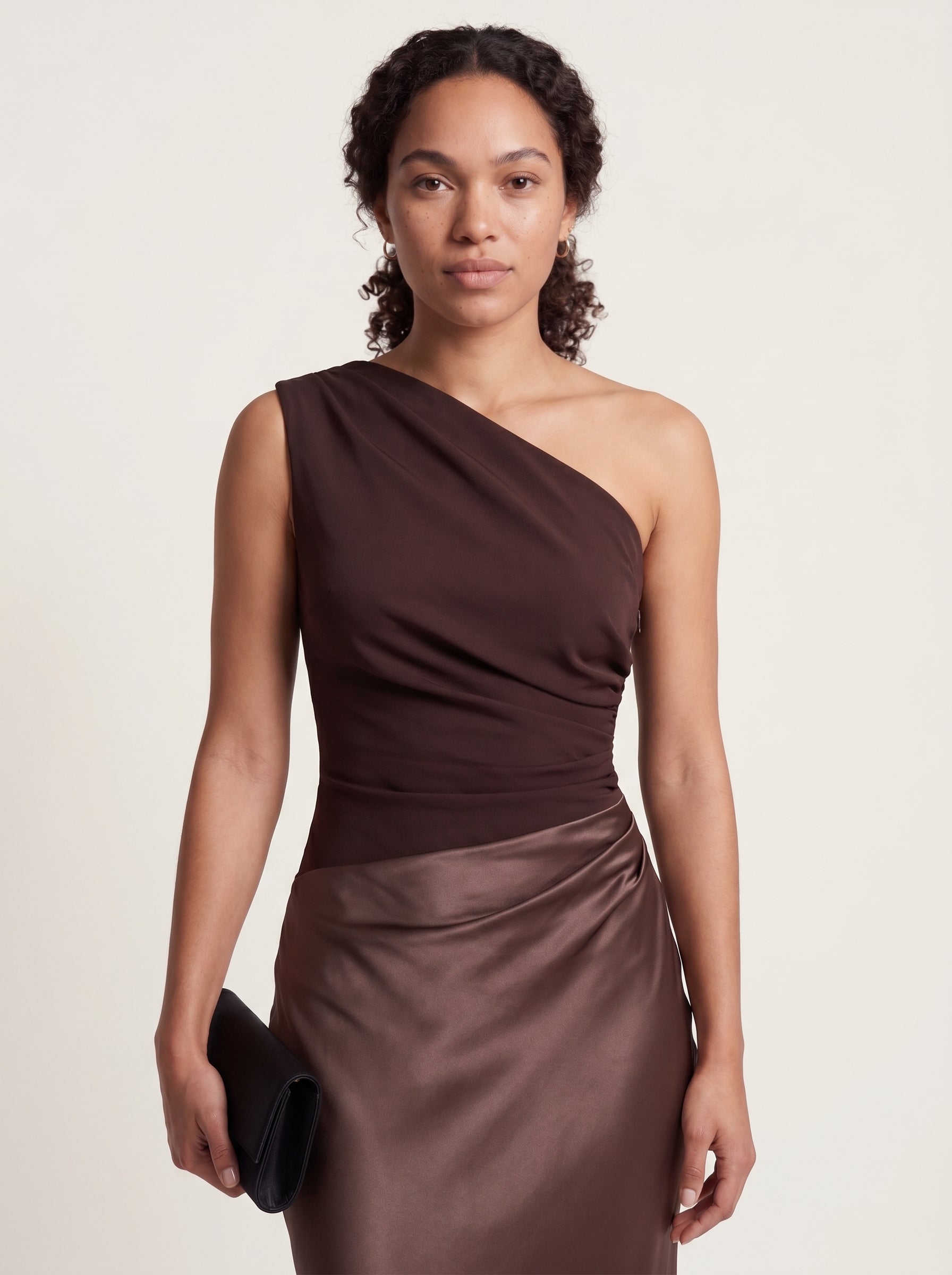 Women Satin Maxi Dress | One Shoulder Pleated Fitted Formal Gown in Chocolate Brown