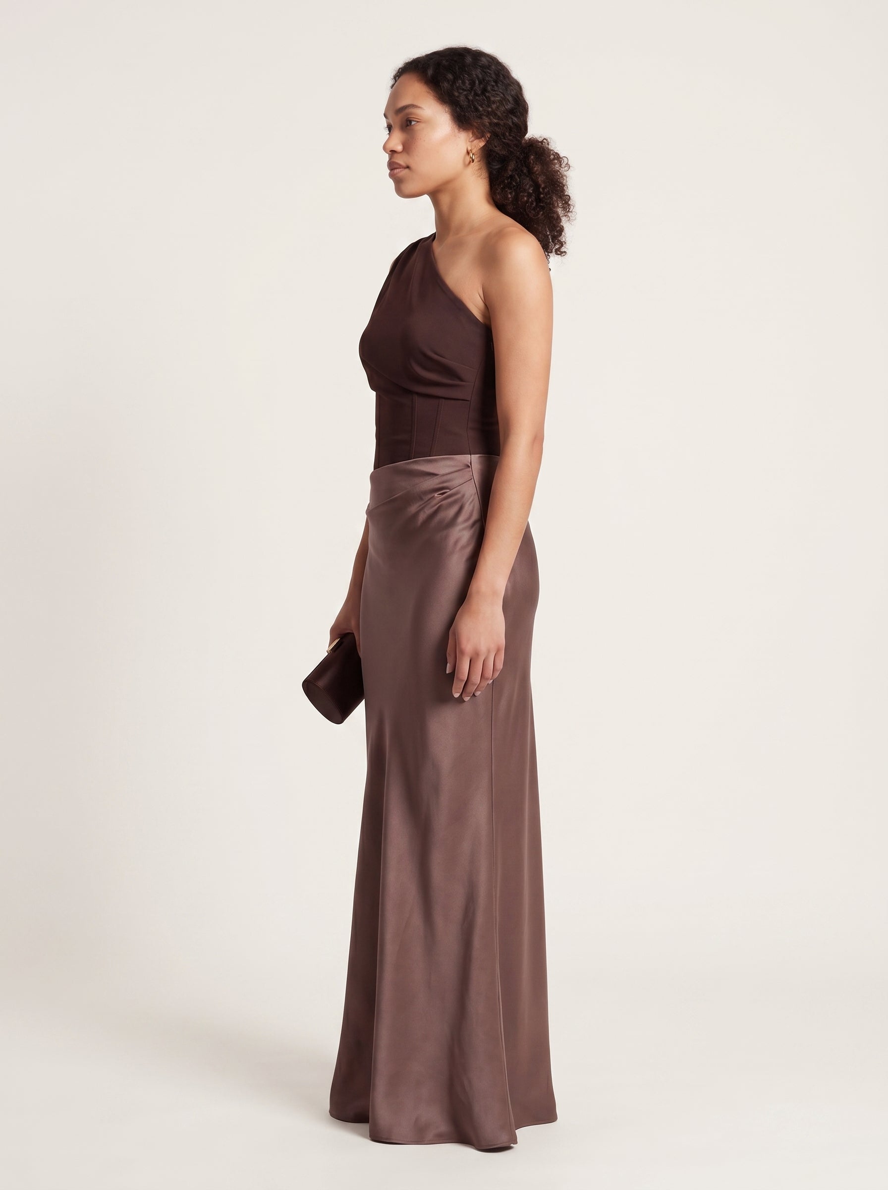 Women Satin Maxi Dress | One Shoulder Pleated Fitted Formal Gown in Chocolate Brown