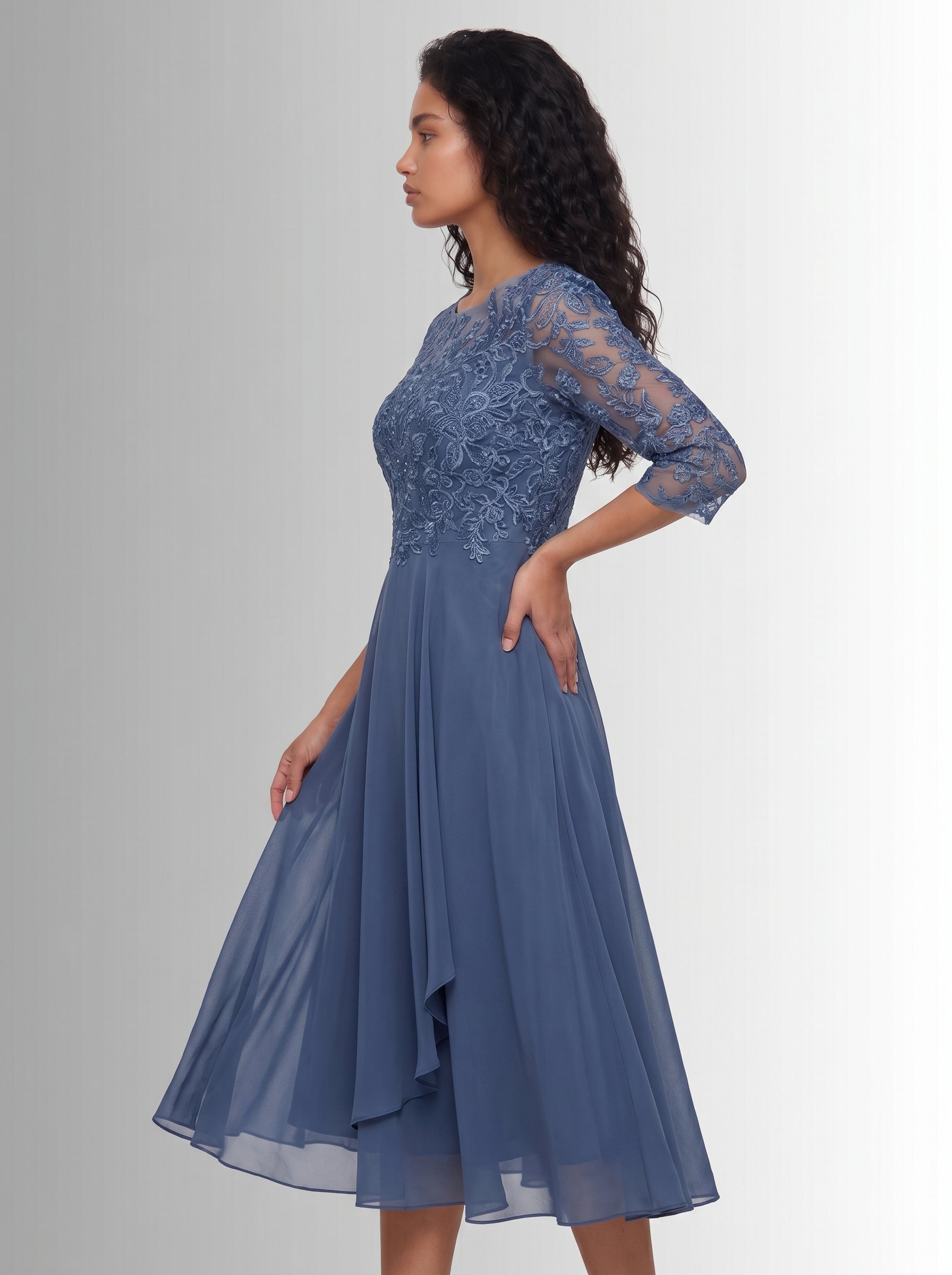 Vera | Elegant Lace A-Line Midi Dress with Floral Appliqué Bodice