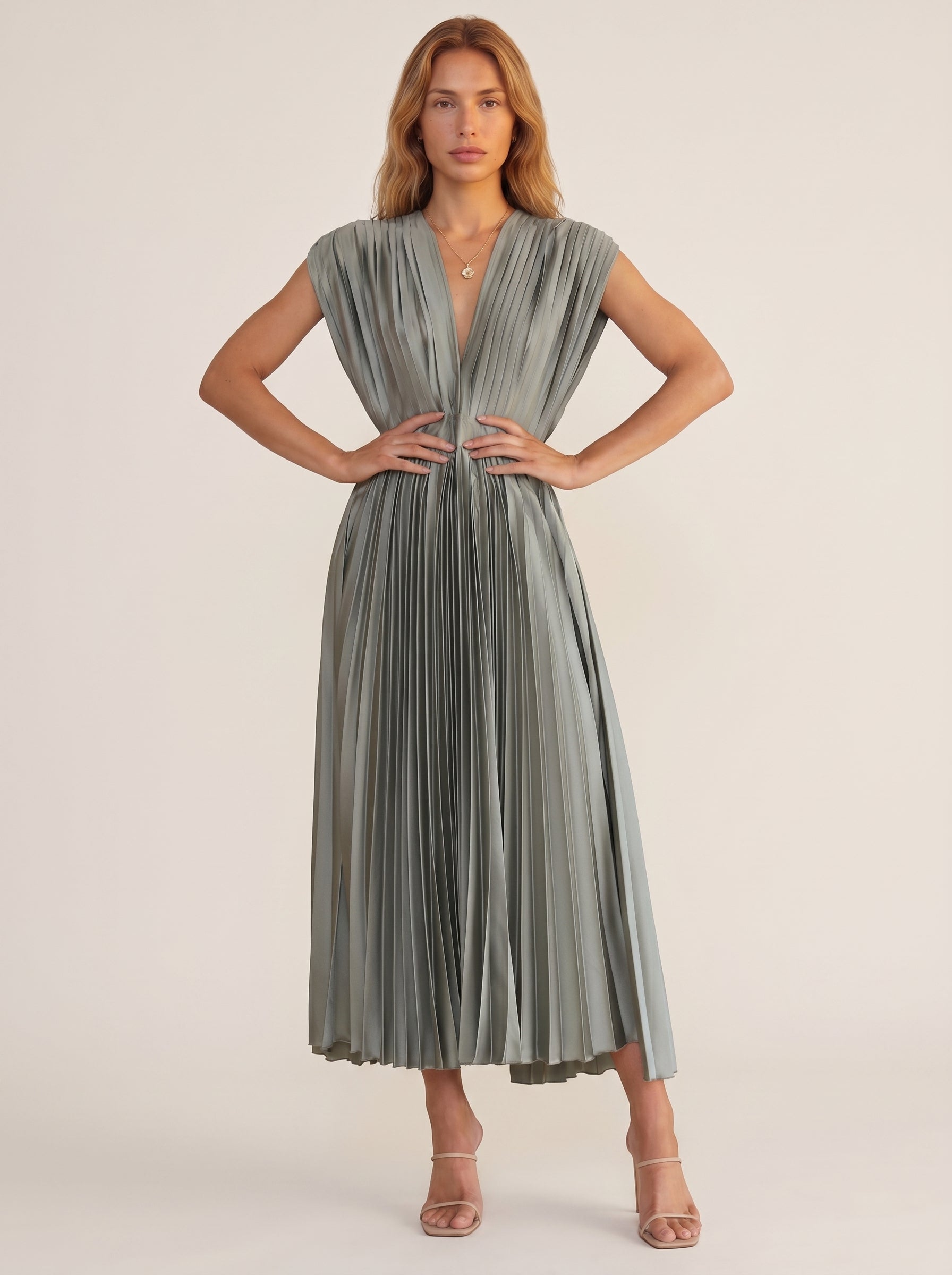 Elegant Pleated V Neck Midi Maxi Dress with Flowy Skirt
