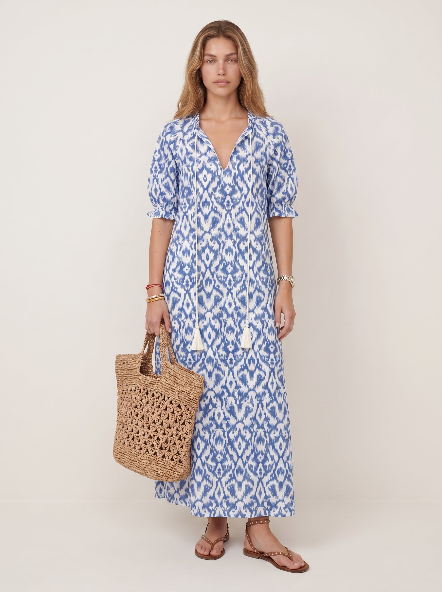 Iris | Breezy Boho Printed Flowy Maxi Dress with Tassel Tie Neck