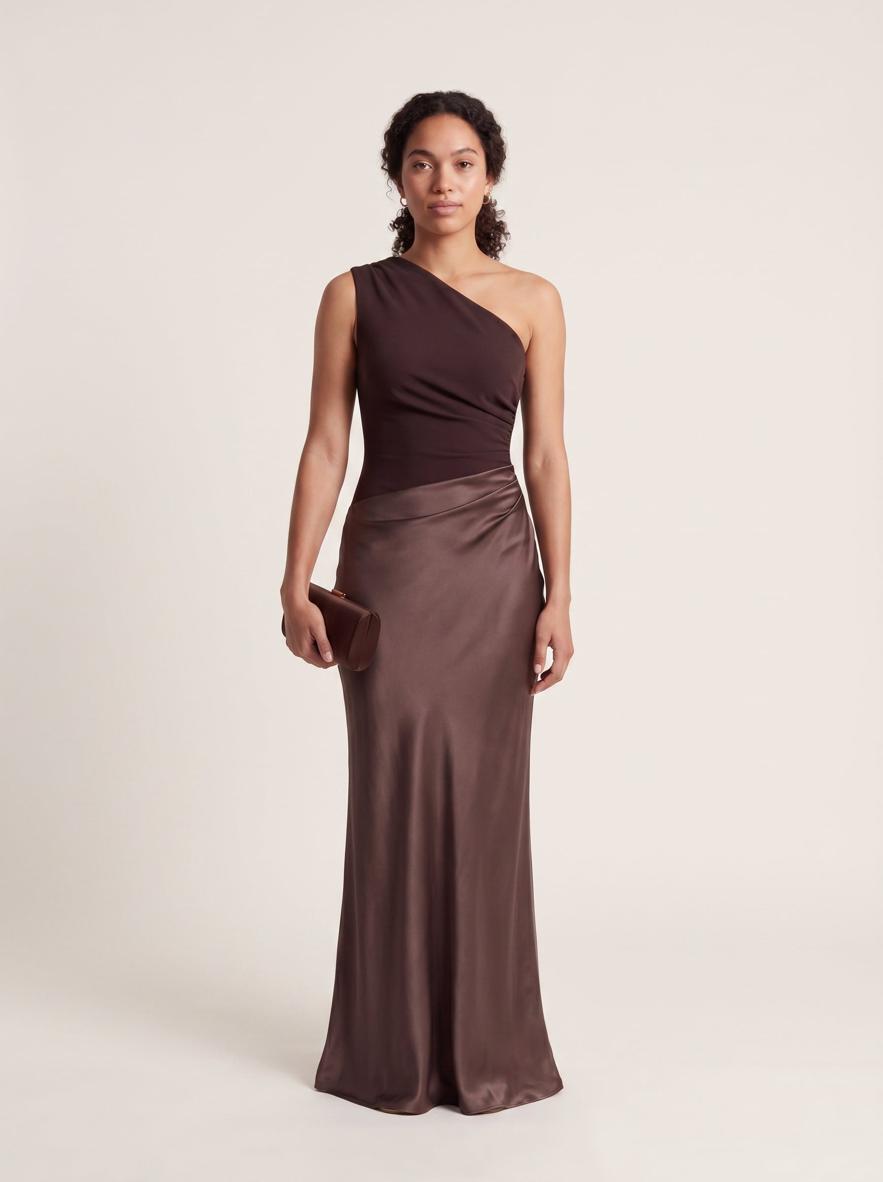 Women Satin Maxi Dress | One Shoulder Pleated Fitted Formal Gown in Chocolate Brown