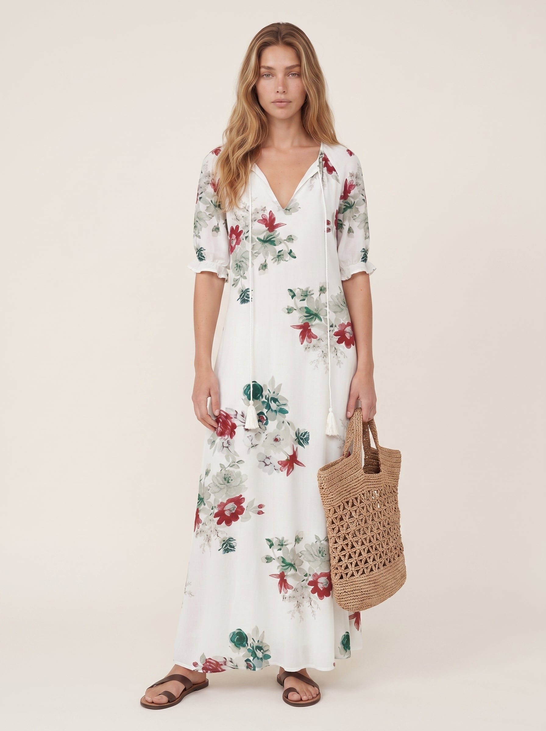 Iris | Breezy Boho Printed Flowy Maxi Dress with Tassel Tie Neck