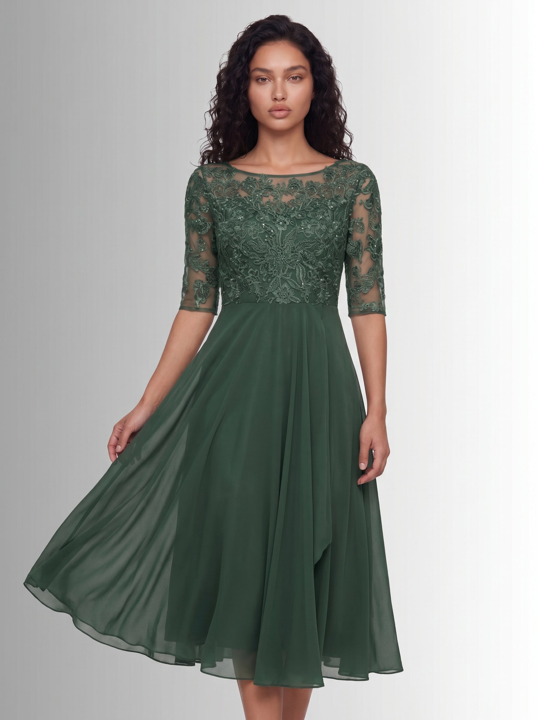 Vera | Elegant Lace A-Line Midi Dress with Floral Appliqué Bodice