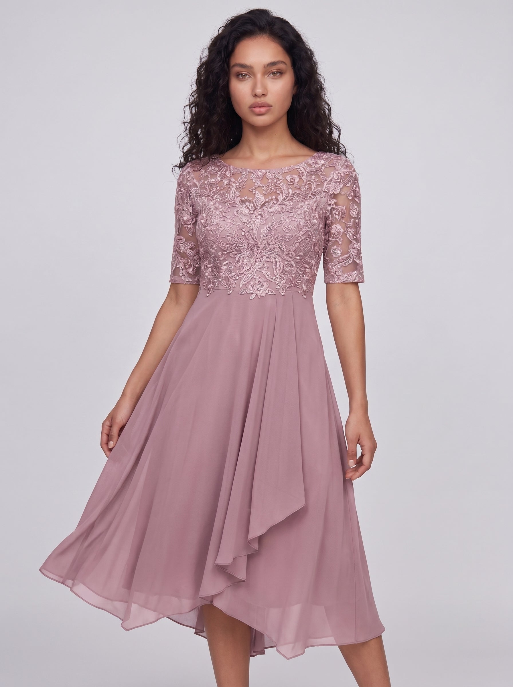 Vera | Elegant Lace A-Line Midi Dress with Floral Appliqué Bodice