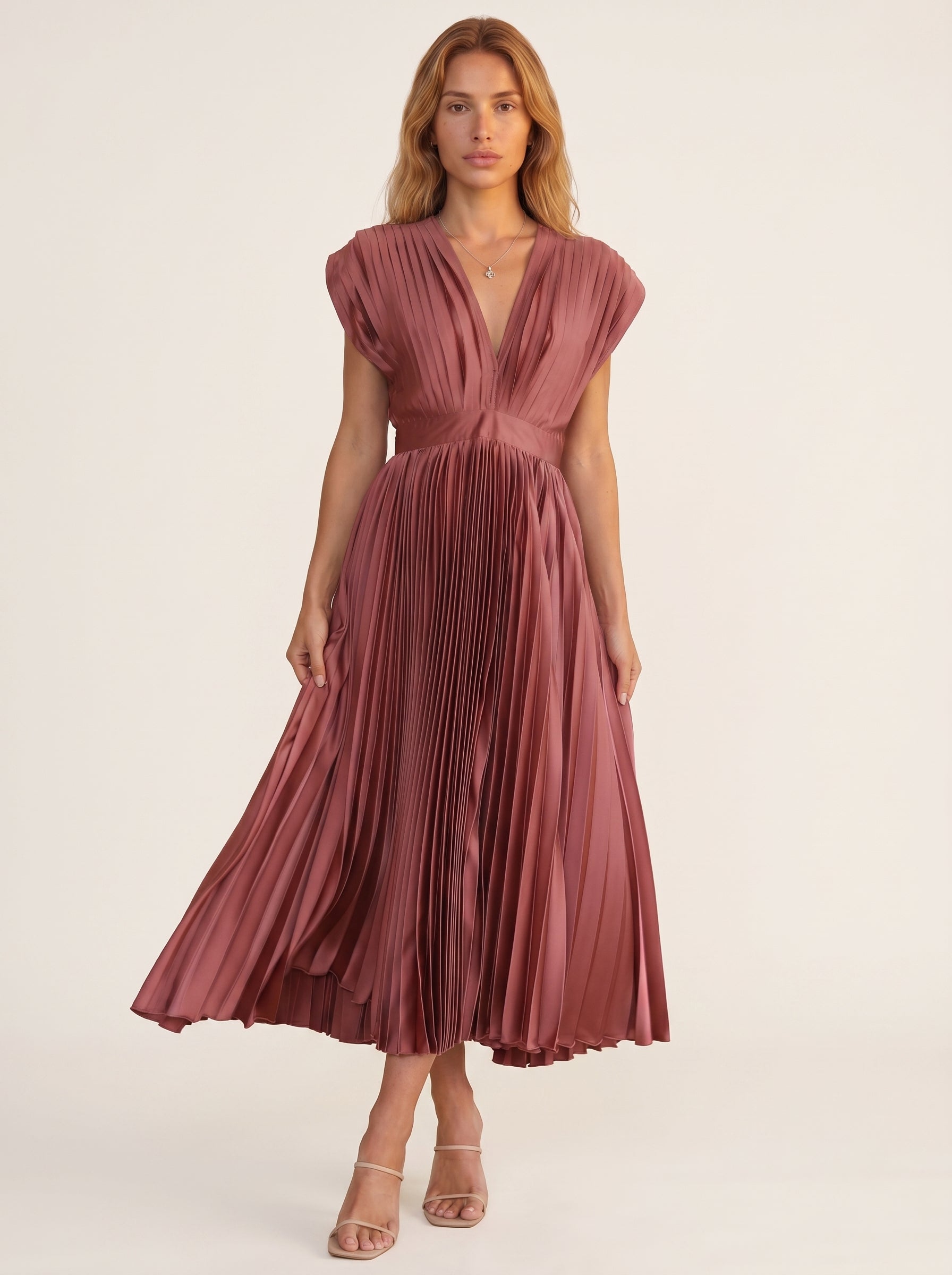 Elegant Pleated V Neck Midi Maxi Dress with Flowy Skirt
