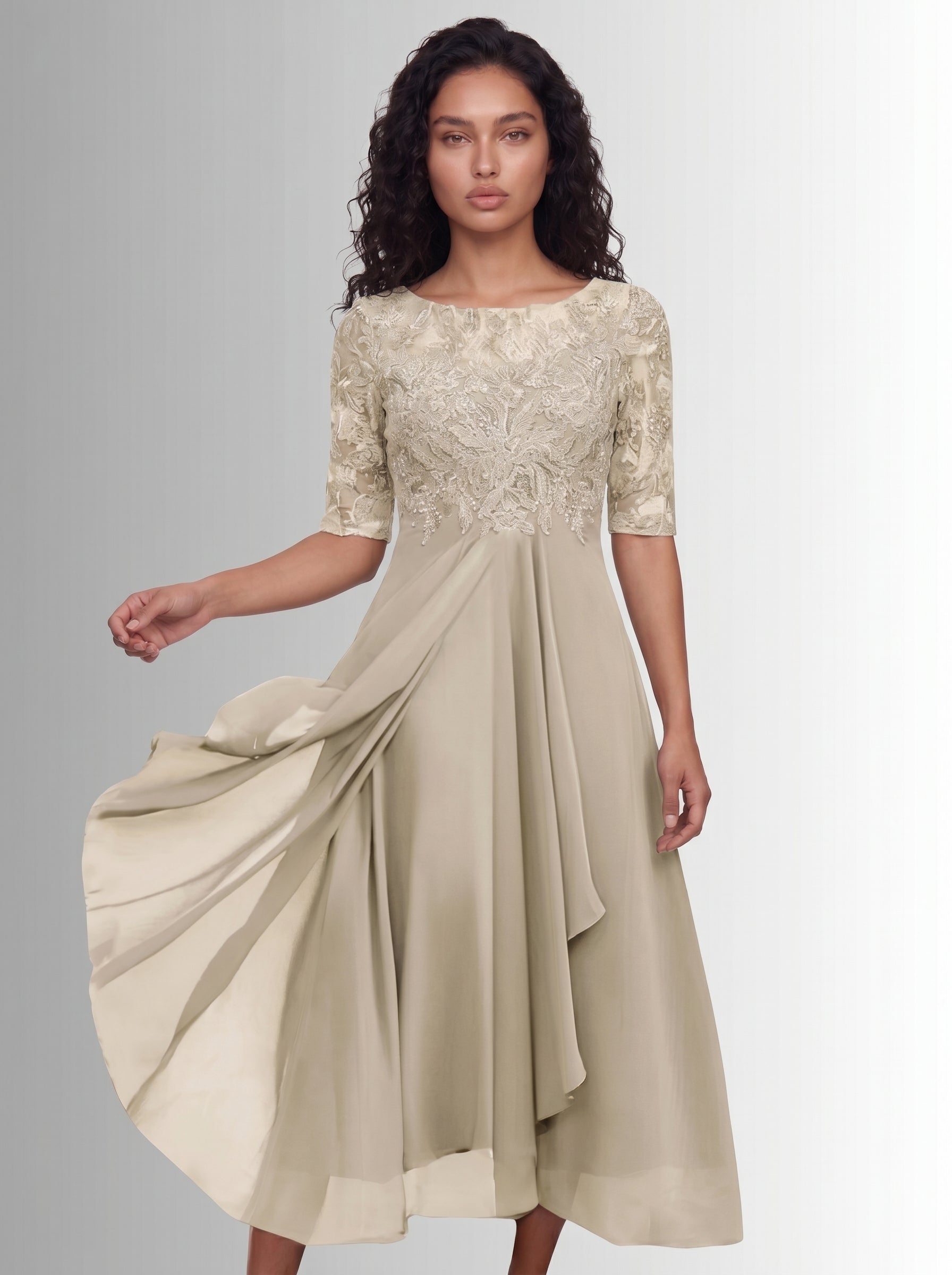Vera | Elegant Lace A-Line Midi Dress with Floral Appliqué Bodice
