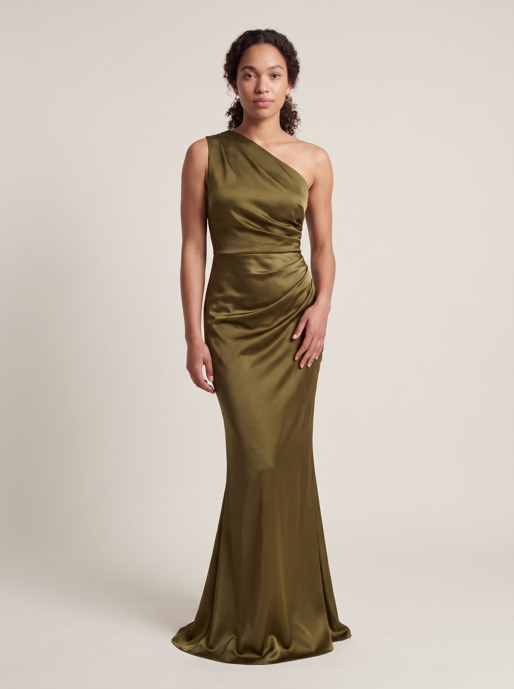 Women Satin Maxi Dress | One Shoulder Pleated Fitted Formal Gown in Chocolate Brown