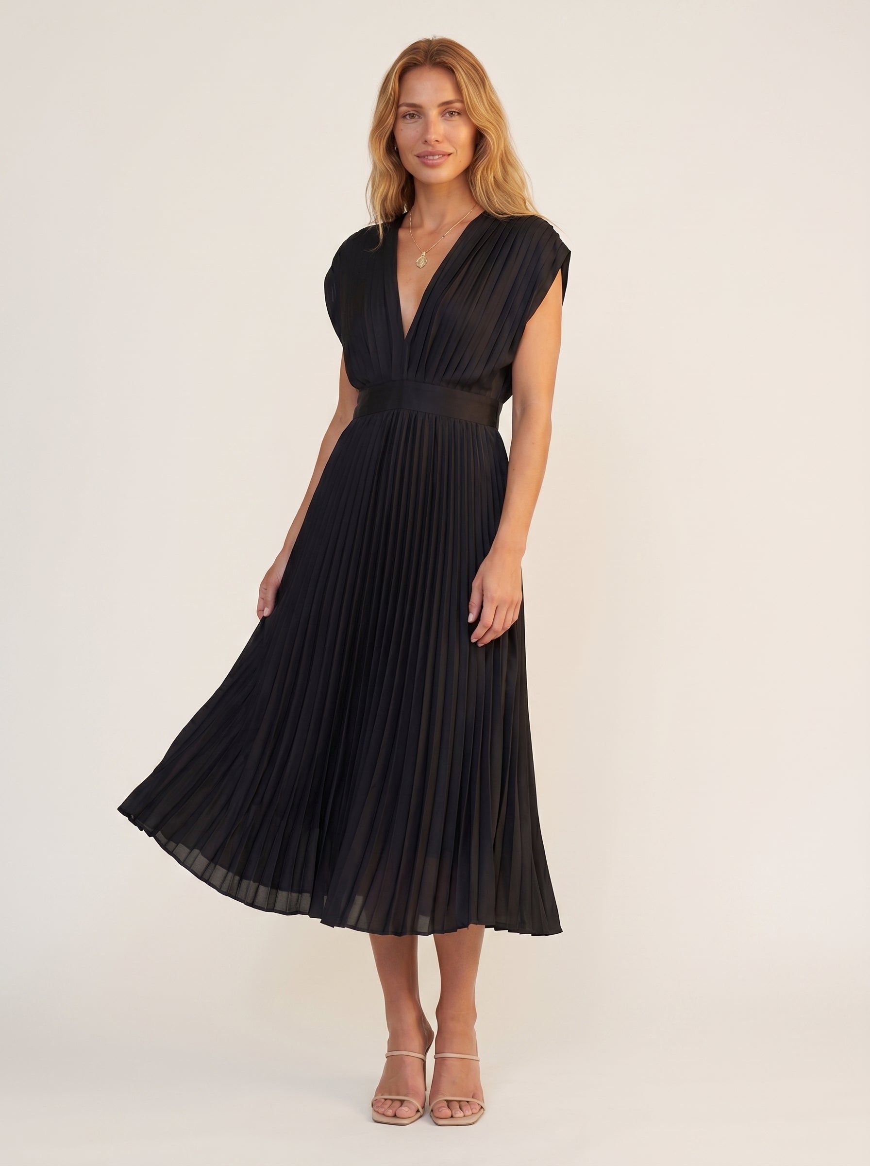 Elegant Pleated V Neck Midi Maxi Dress with Flowy Skirt