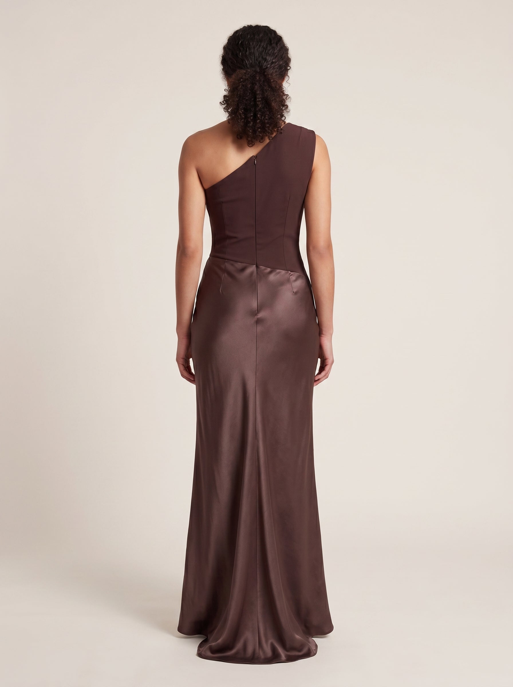 Women Satin Maxi Dress | One Shoulder Pleated Fitted Formal Gown in Chocolate Brown