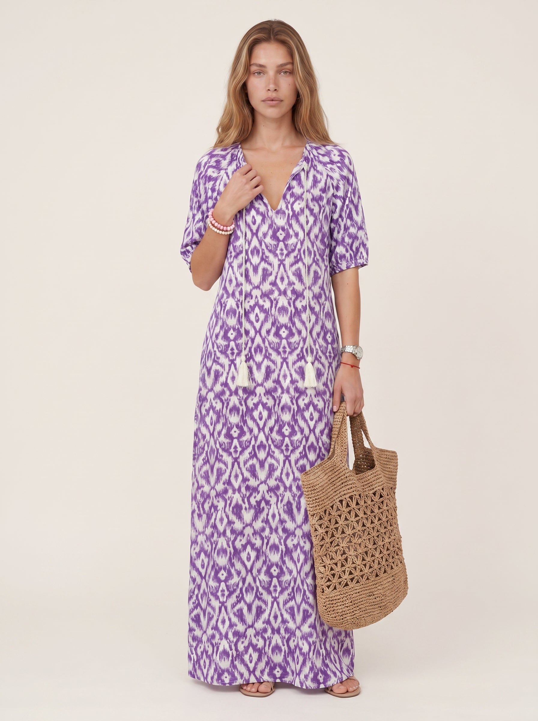Iris | Breezy Boho Printed Flowy Maxi Dress with Tassel Tie Neck