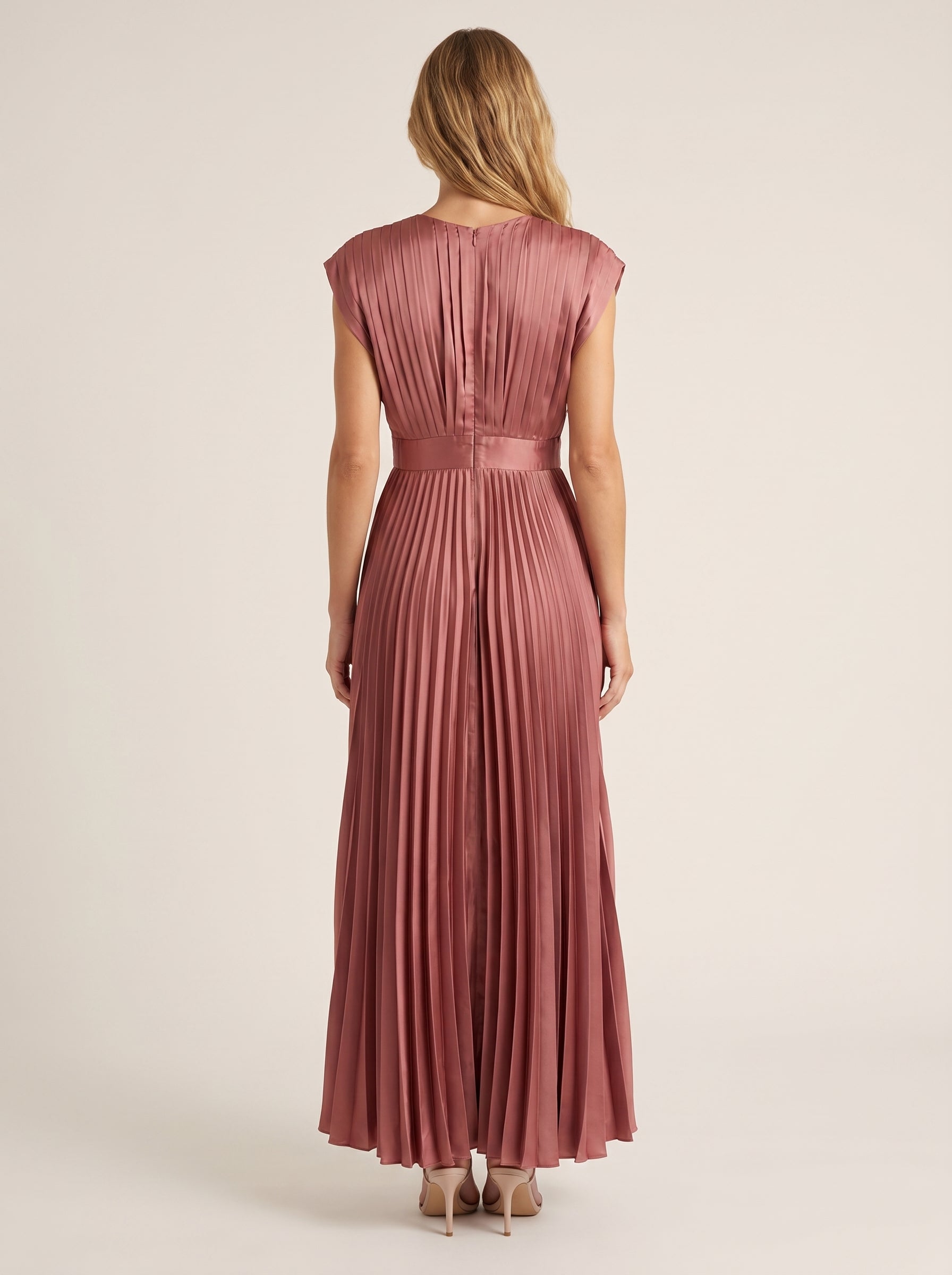 Elegant Pleated V Neck Midi Maxi Dress with Flowy Skirt
