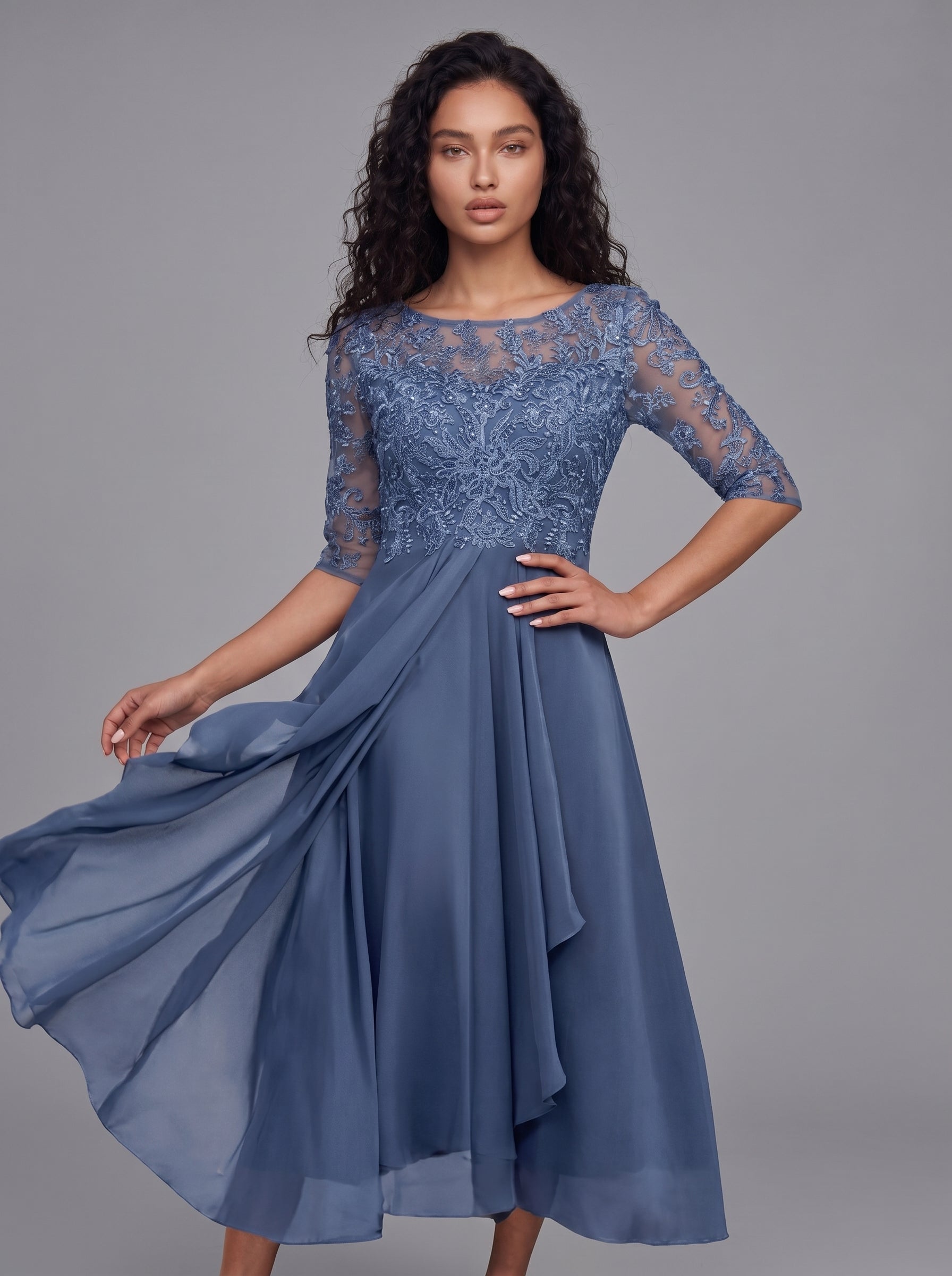 Vera | Elegant Lace A-Line Midi Dress with Floral Appliqué Bodice