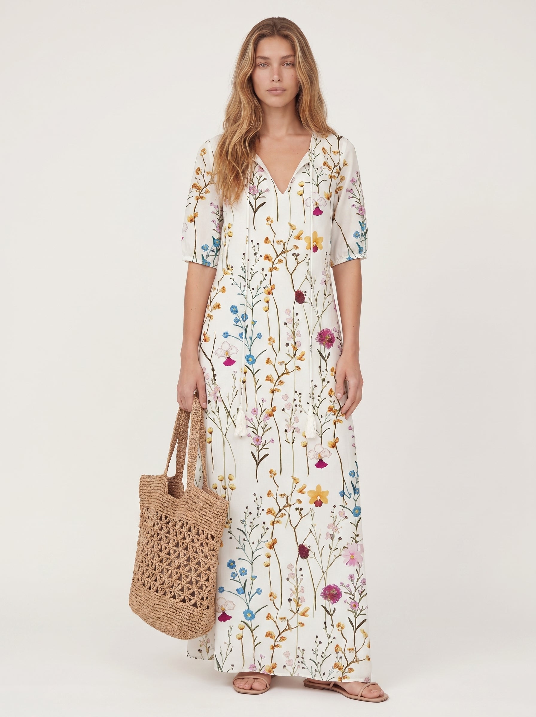 Iris | Breezy Boho Printed Flowy Maxi Dress with Tassel Tie Neck