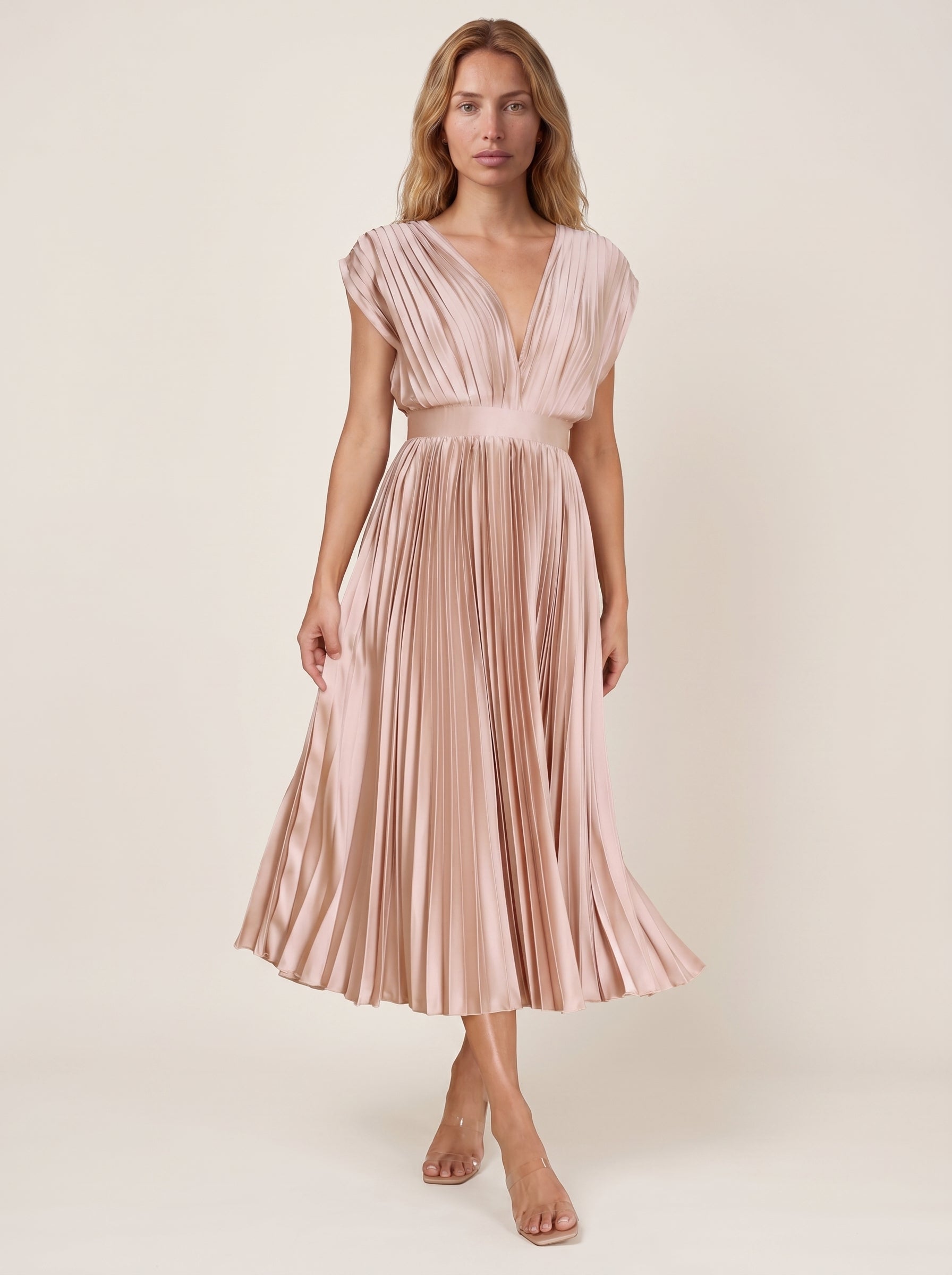 Elegant Pleated V Neck Midi Maxi Dress with Flowy Skirt